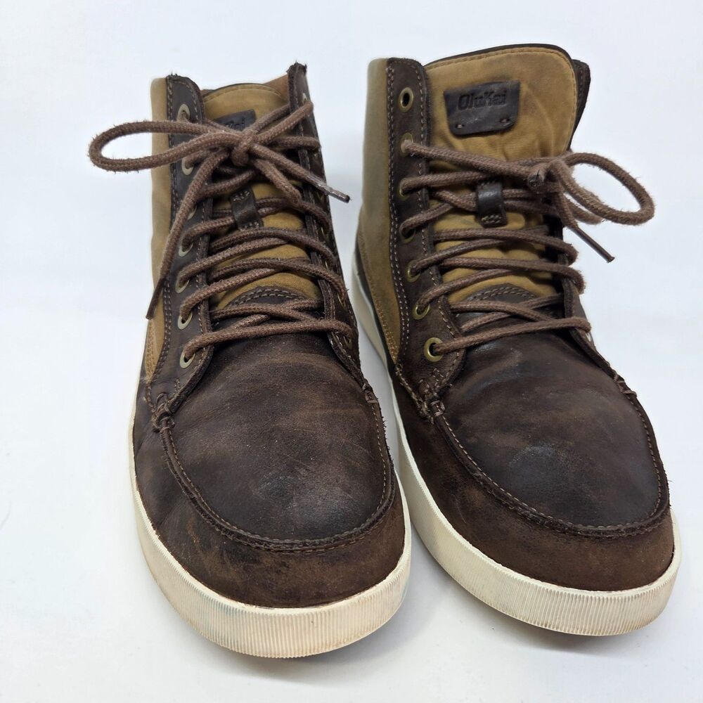 Olukai Molina Mens Tan And Brown Leather And Canvas High Top Sneakers Size US 8